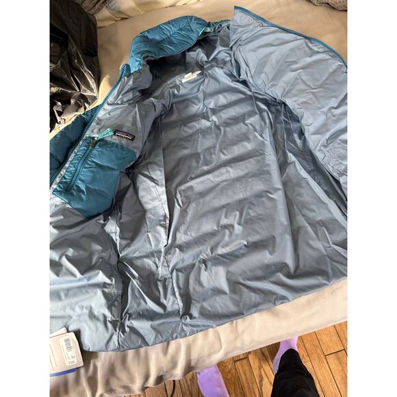 NEW Patagonia blue green grey reversible down sweater hoody jacket size 14 - Picture 4 of 5